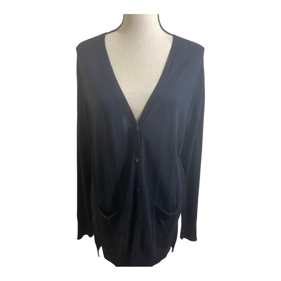 Joan Vass women’s new button front cardigan navy blue size Large. Neck style - Picture 10 of 12